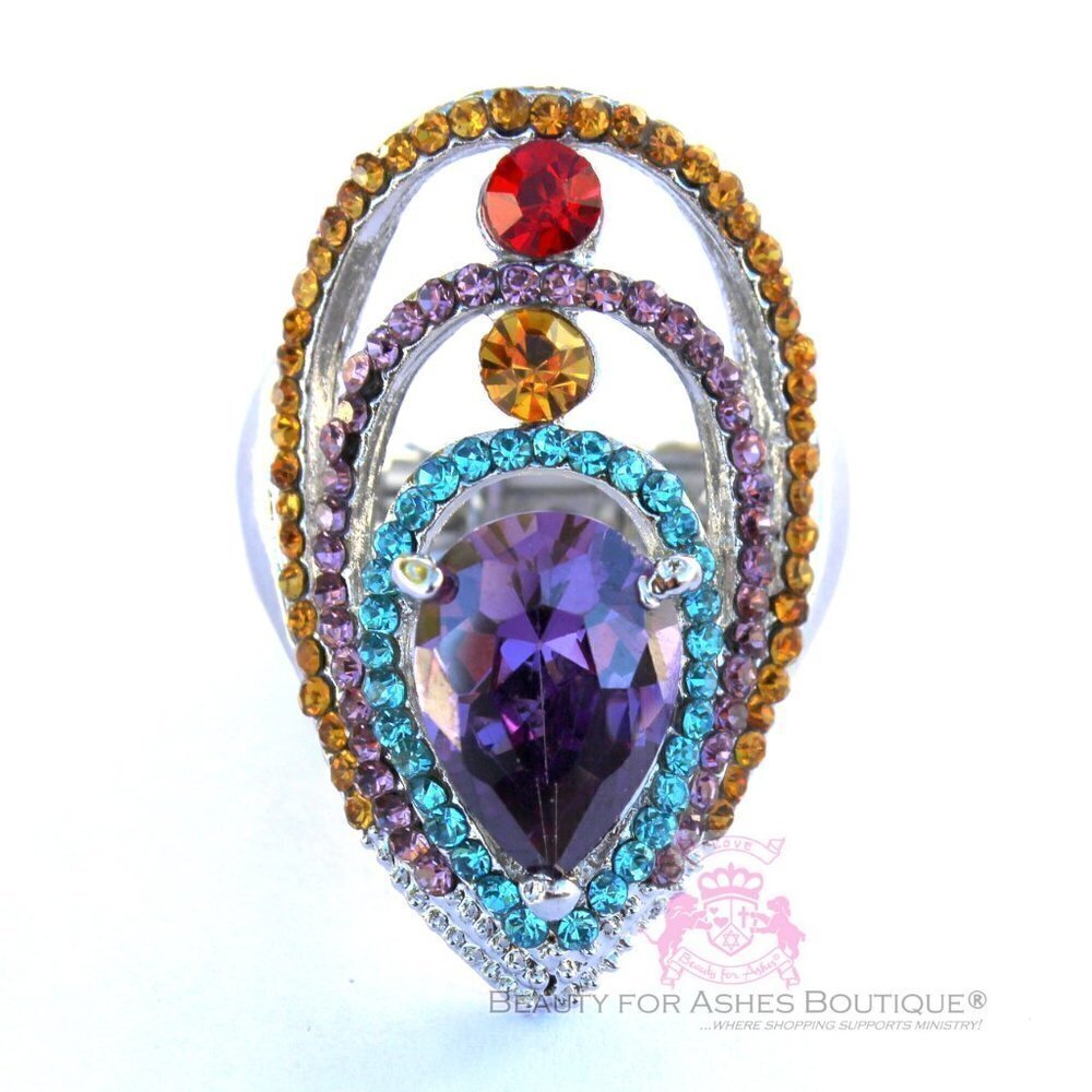 Boho Ruby Amethyst Peacock Eyes to See Multicolor Cz Crystal Stretch Ring Sz 6-9
